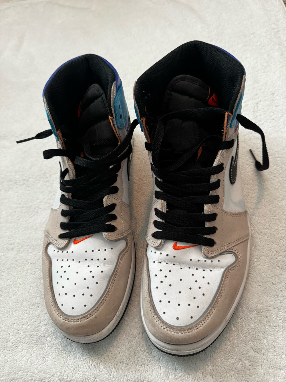 Jordan High-Top Sneakers in White, Gray, Black with Orange Accent